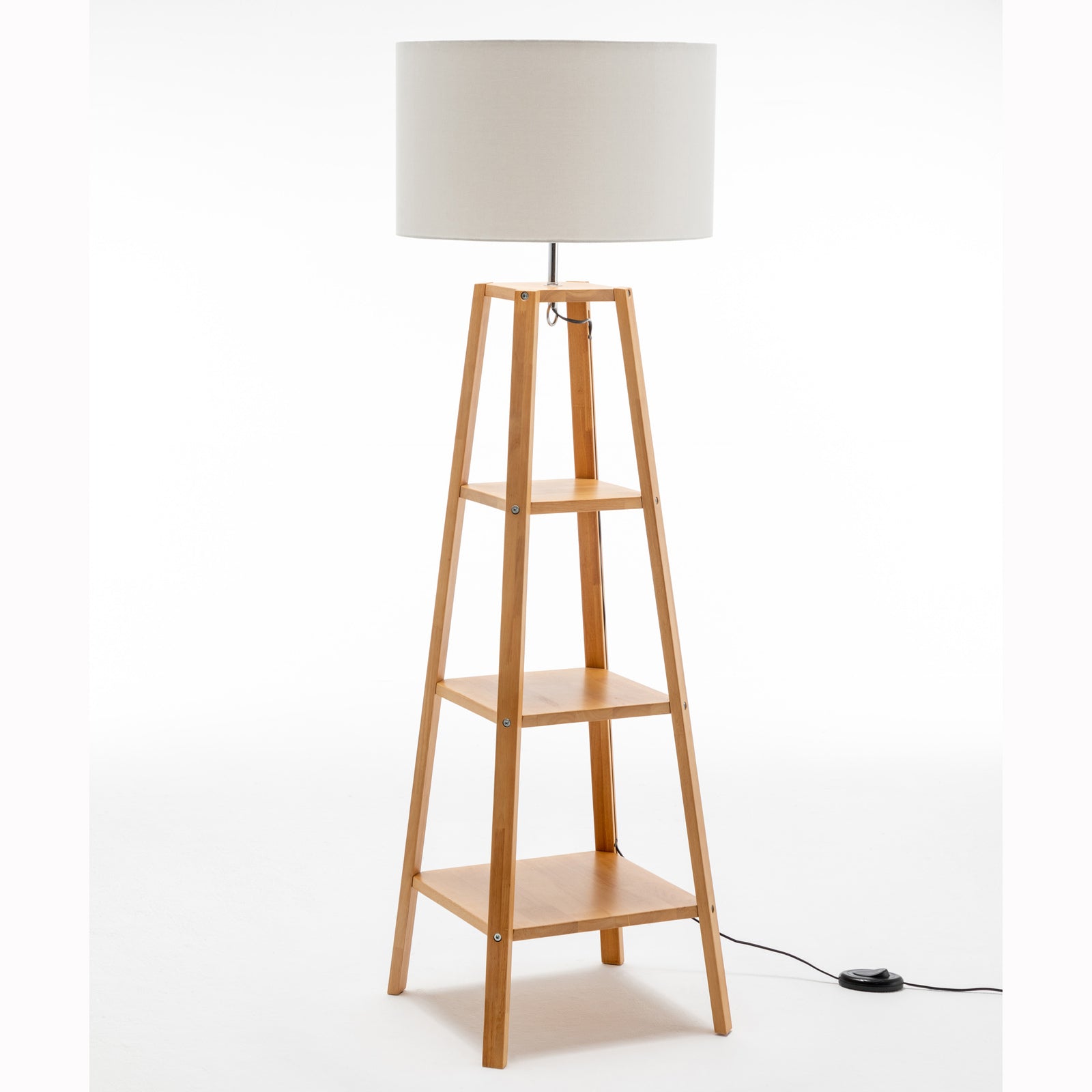 Eiffel 3 Tier Natural Wood Floor Lamp w/ Storage Shelves + Off White Linen Shade V563-75173
