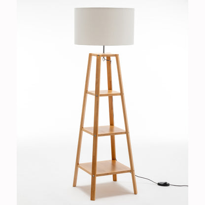Eiffel 3 Tier Natural Wood Floor Lamp w/ Storage Shelves + Off White Linen Shade V563-75173