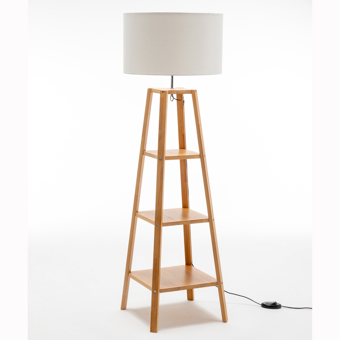 Eiffel 3 Tier Natural Wood Floor Lamp w/ Storage Shelves + Off White Linen Shade V563-75173