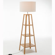 Eiffel 3 Tier Natural Wood Floor Lamp w/ Storage Shelves + Off White Linen Shade V563-75173