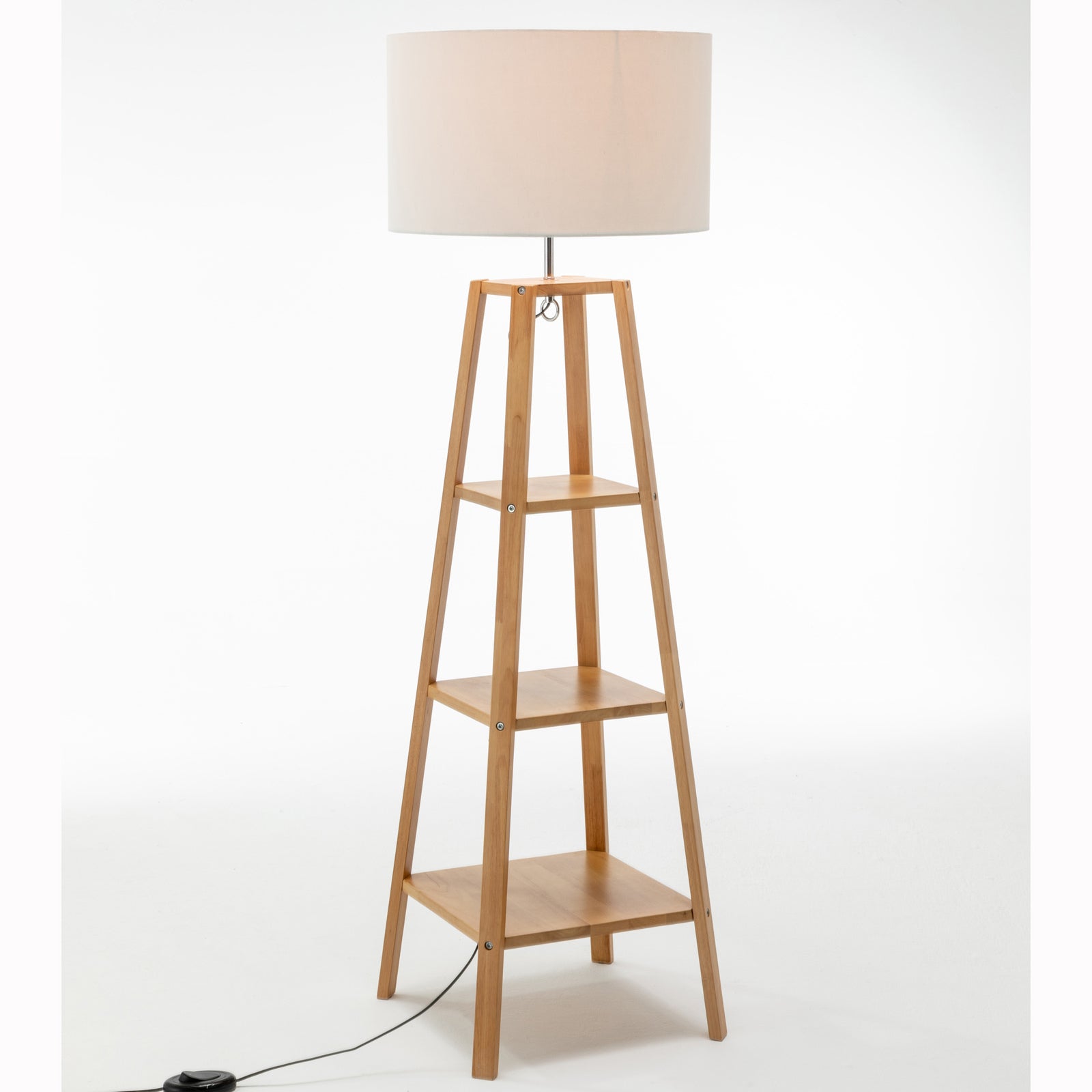 Eiffel 3 Tier Natural Wood Floor Lamp w/ Storage Shelves + Off White Linen Shade V563-75173