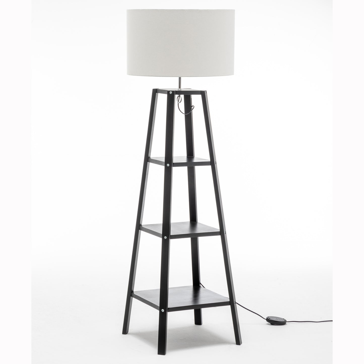 Eiffel 3 Tier Natural Wood Floor Lamp w/ Storage Shelves + Off White Linen Shade V563-75174