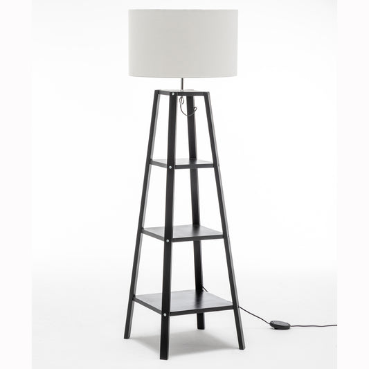 Eiffel 3 Tier Natural Wood Floor Lamp w/ Storage Shelves + Off White Linen Shade V563-75174
