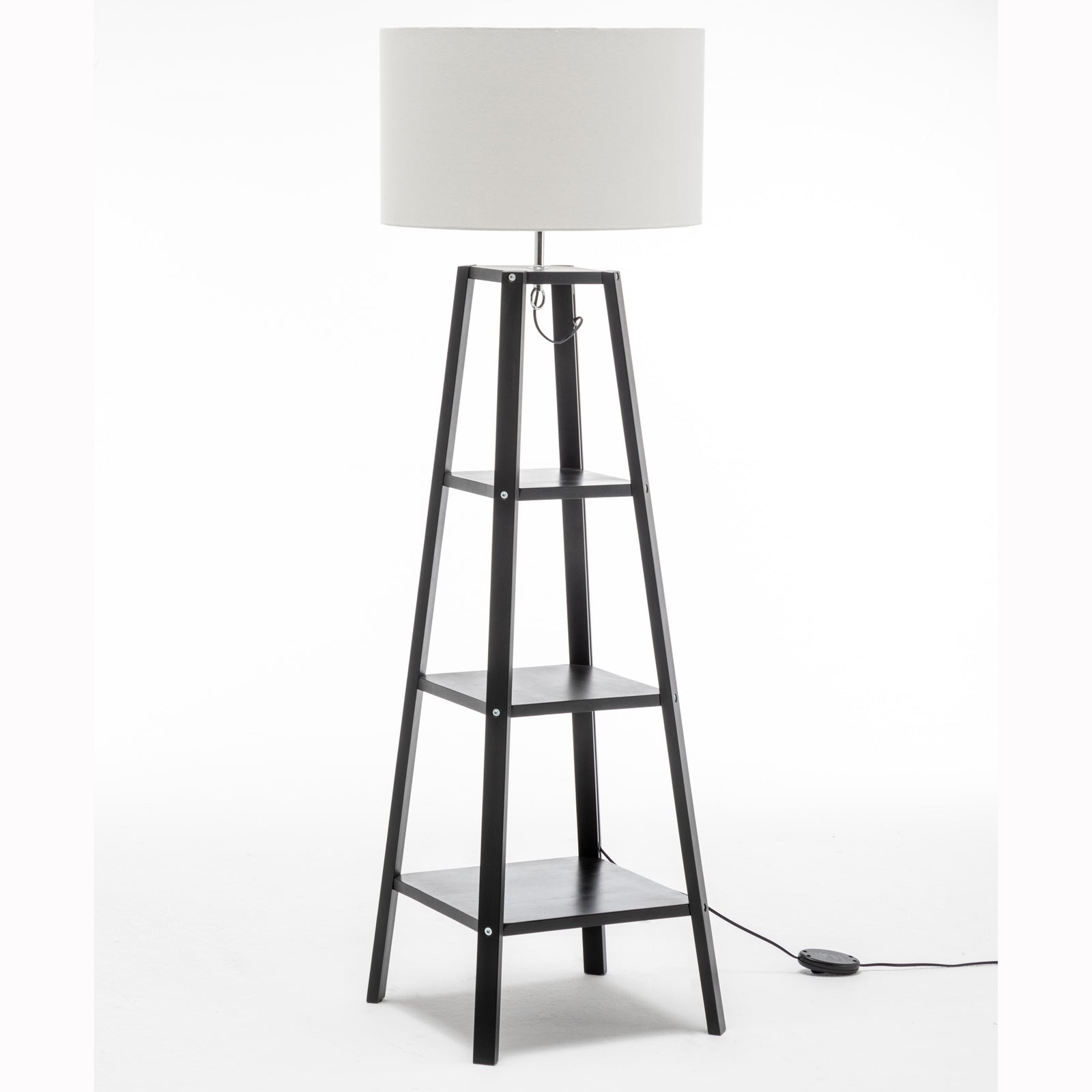 Eiffel 3 Tier Natural Wood Floor Lamp w/ Storage Shelves + Off White Linen Shade V563-75174