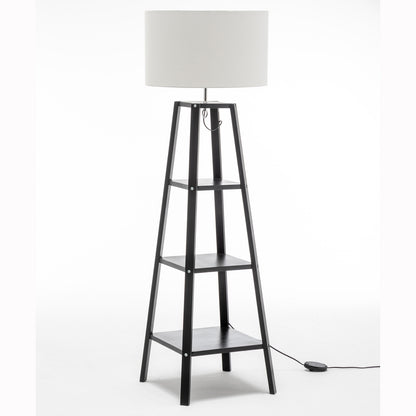 Eiffel 3 Tier Natural Wood Floor Lamp w/ Storage Shelves + Off White Linen Shade V563-75174