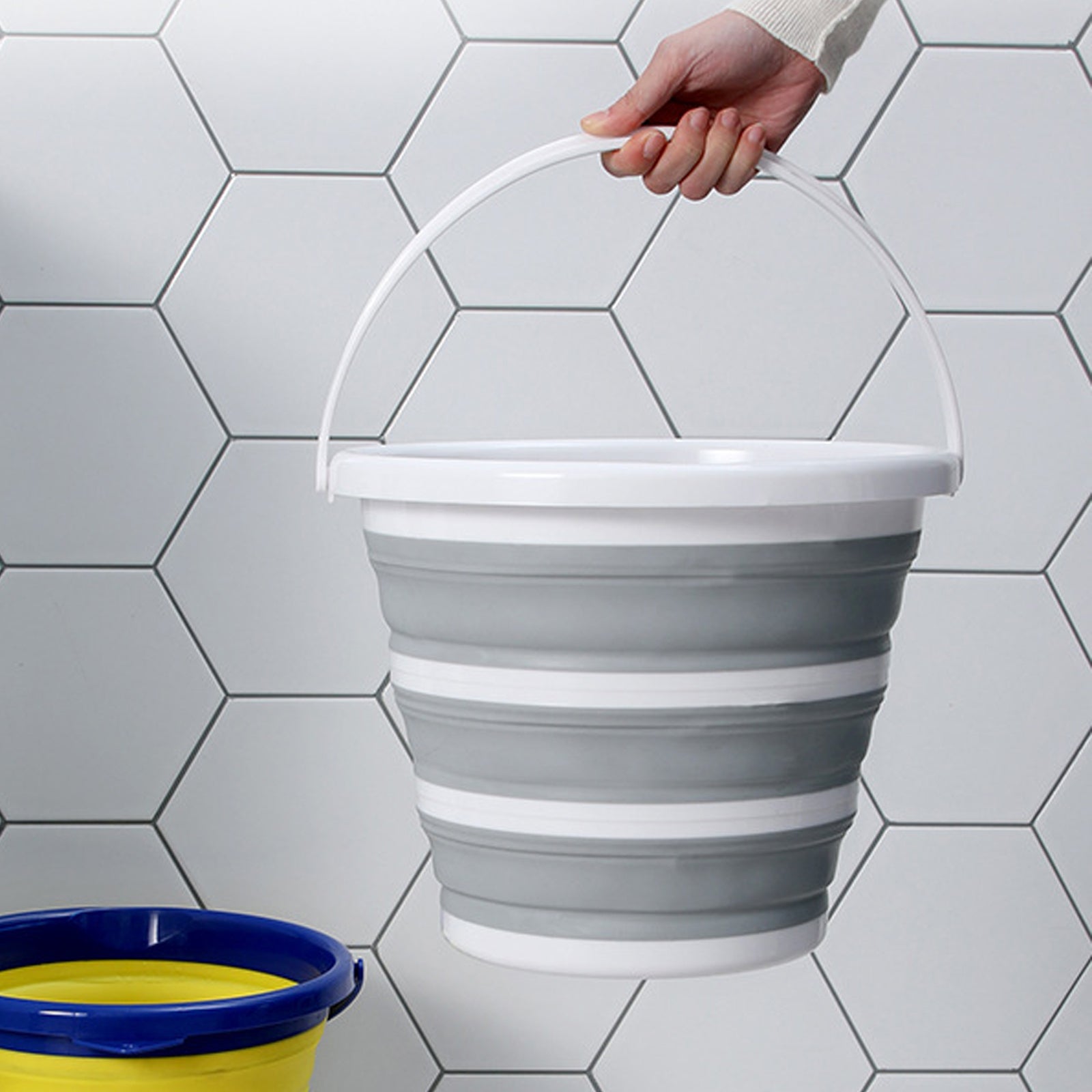 2x 10L Foldable Collapsible Bucket Silicone Hiking/Camping/Fishing - Grey/White V563-75197-2X
