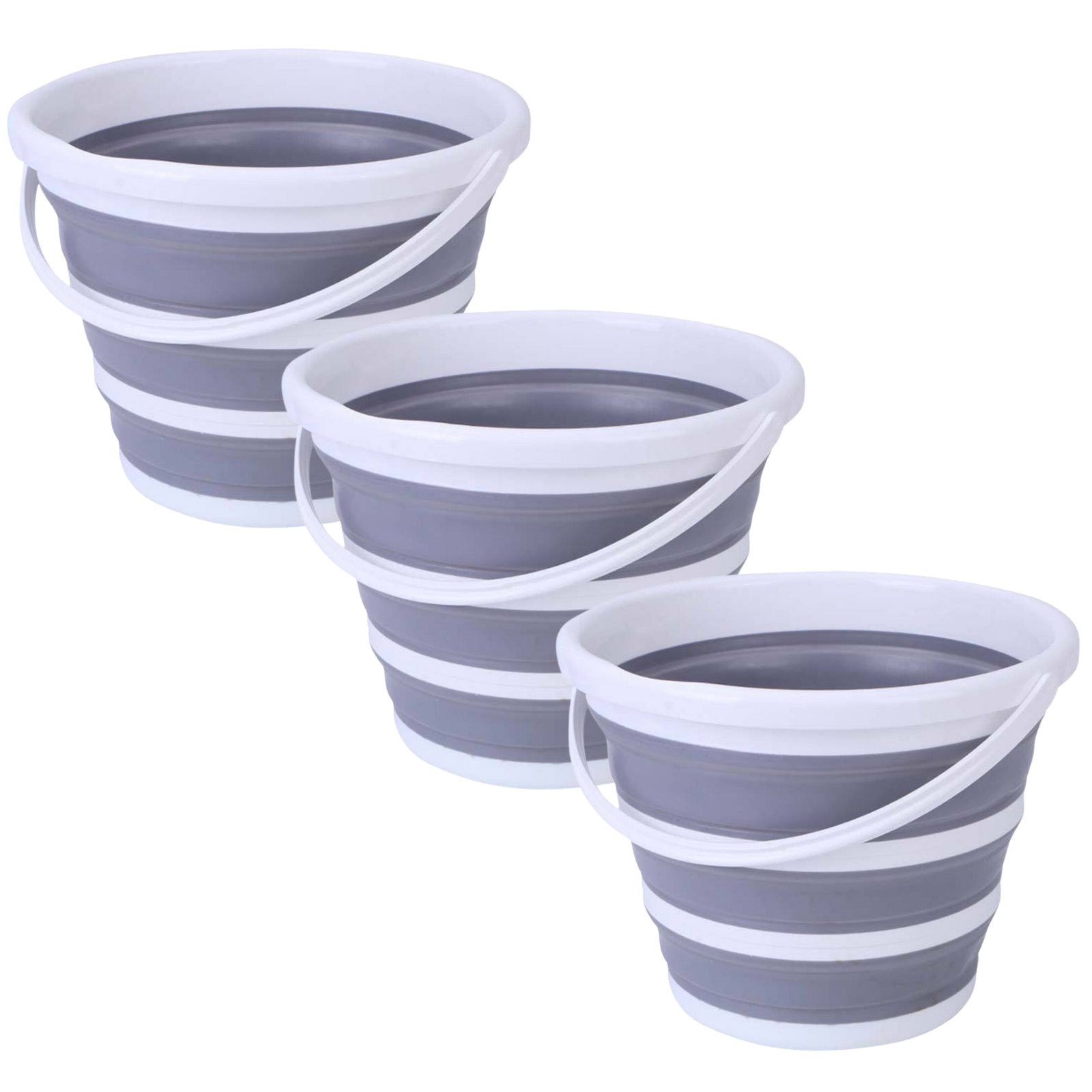 3x 10L Foldable Collapsible Bucket Silicone Hiking/Camping/Fishing - Grey/White V563-75197-3X
