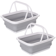 2x 9L Collapsible Laundry Folding Basket Wash Clothes w Handles Bin - Grey/White V563-75198-2X