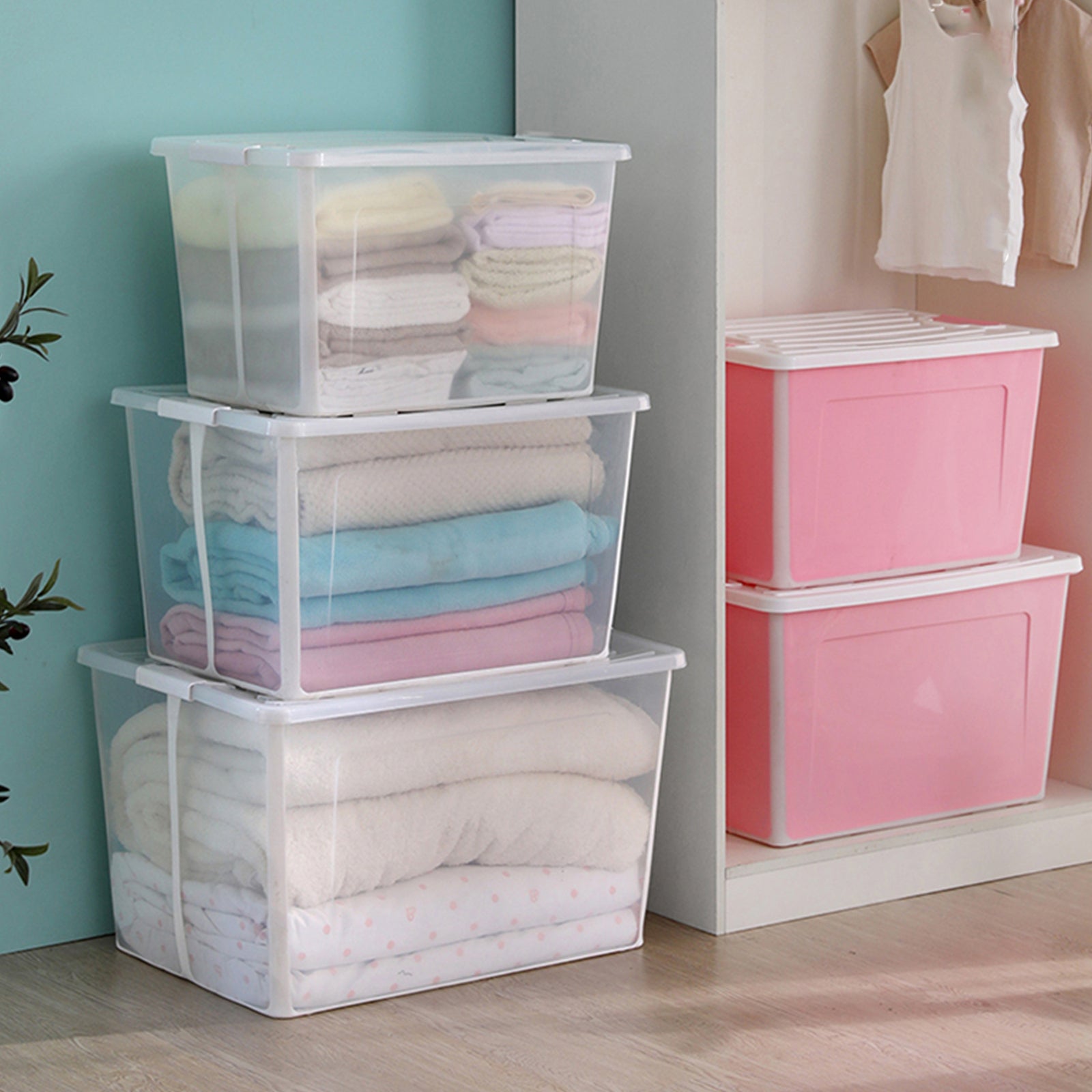 2x 57 Litre Modular Clear Foldable Storage Box with Lid Plastic Tub Collapsible V563-75200-2X