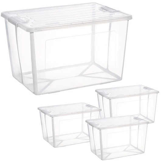 4x 57 Litre Modular Clear Foldable Storage Box with Lid Plastic Tub Collapsible V563-75200-4X
