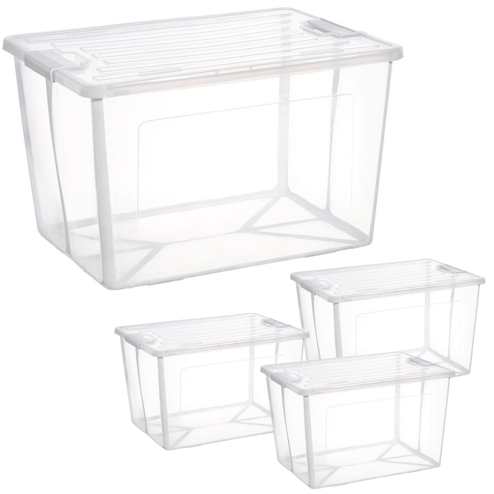 4x 57 Litre Modular Clear Foldable Storage Box with Lid Plastic Tub Collapsible V563-75200-4X