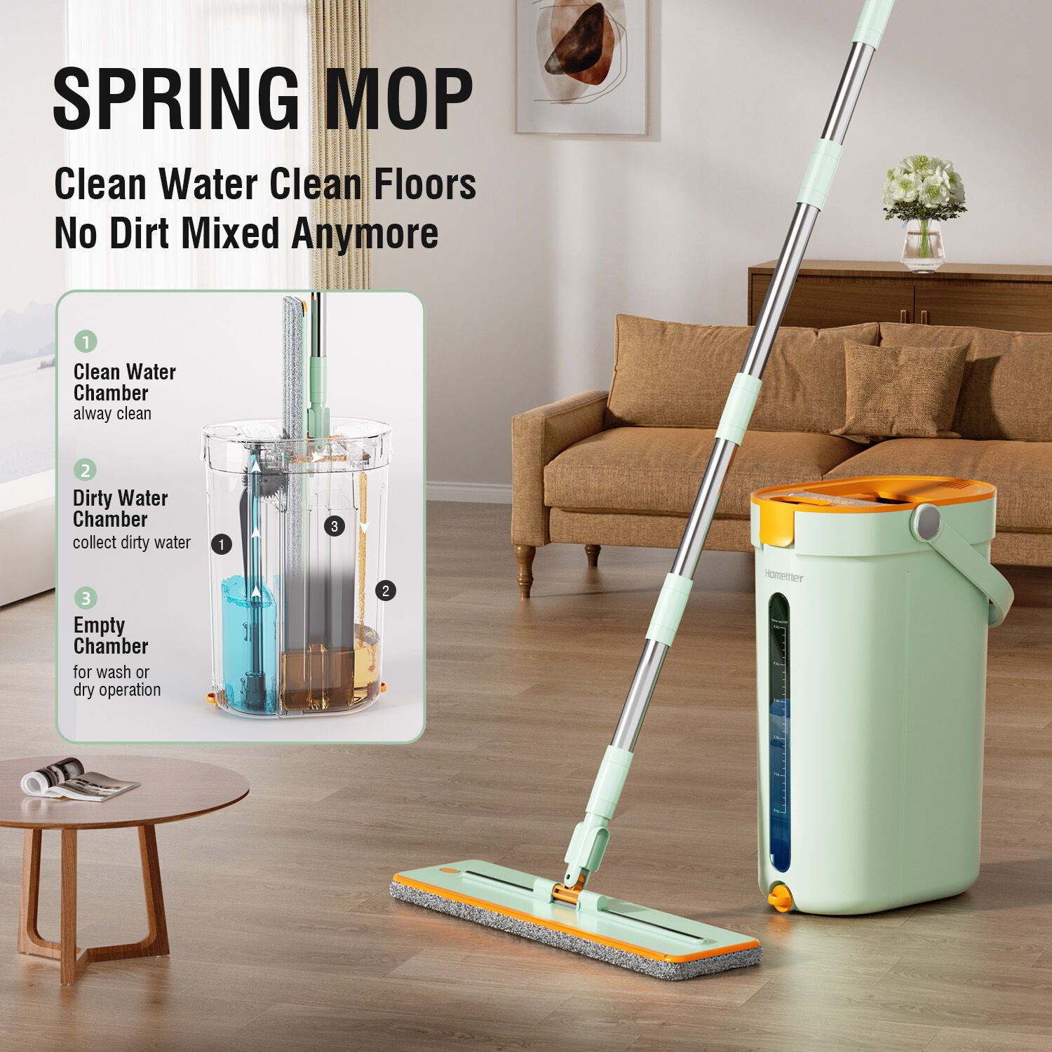Premium Microfiber Flat Mop Bucket Set w/ Clean & Dirty Water Separation 360 Degree - Light Green V563-75254