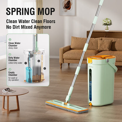 Premium Microfiber Flat Mop Bucket Set w/ Clean & Dirty Water Separation 360 Degree - Light Green V563-75254