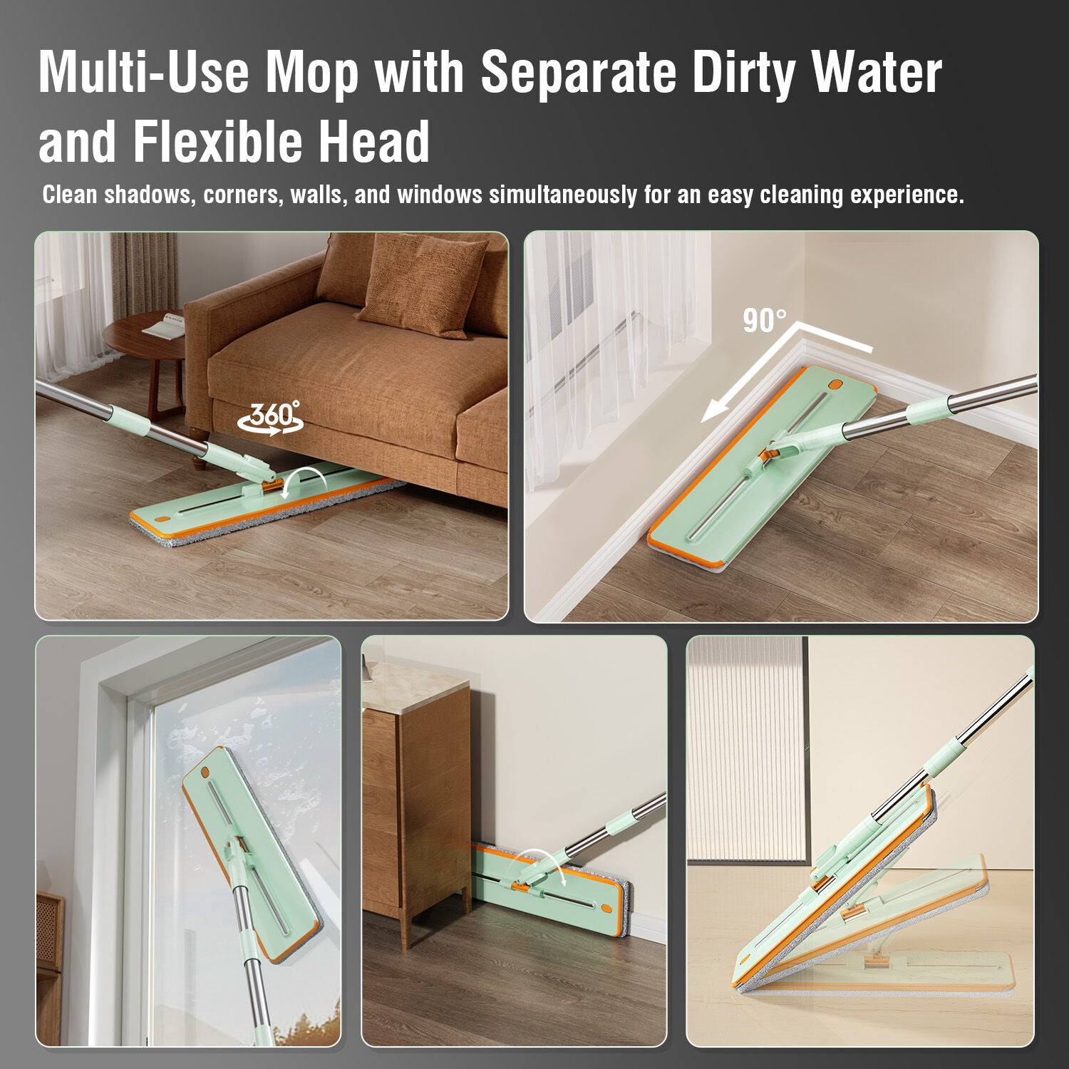 Premium Microfiber Flat Mop Bucket Set w/ Clean & Dirty Water Separation 360 Degree - Light Green V563-75254
