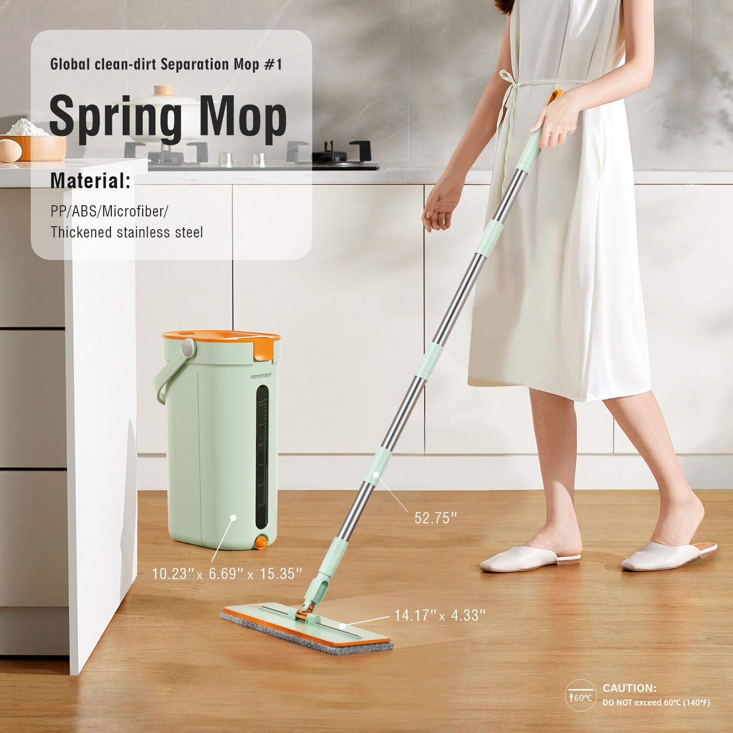 Premium Microfiber Flat Mop Bucket Set w/ Clean & Dirty Water Separation 360 Degree - Light Green V563-75254