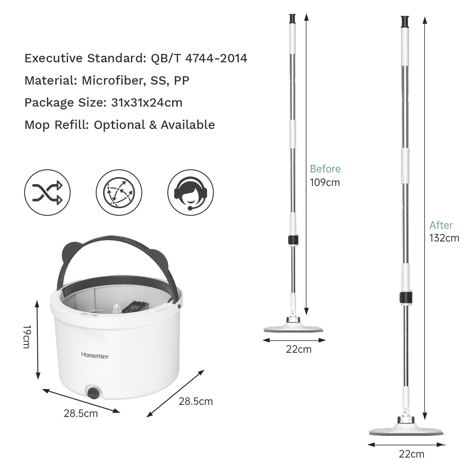 Premium Microfiber Round Mop Bucket Set w/ Clean & Dirty Water Separation 360 Degree - White V563-75256