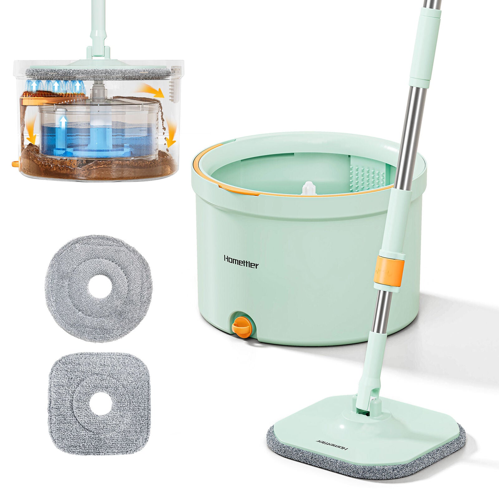 Premium Microfiber Round Mop Bucket Set w/ Clean & Dirty Water Separation 360 Degree - Light Green V563-75257