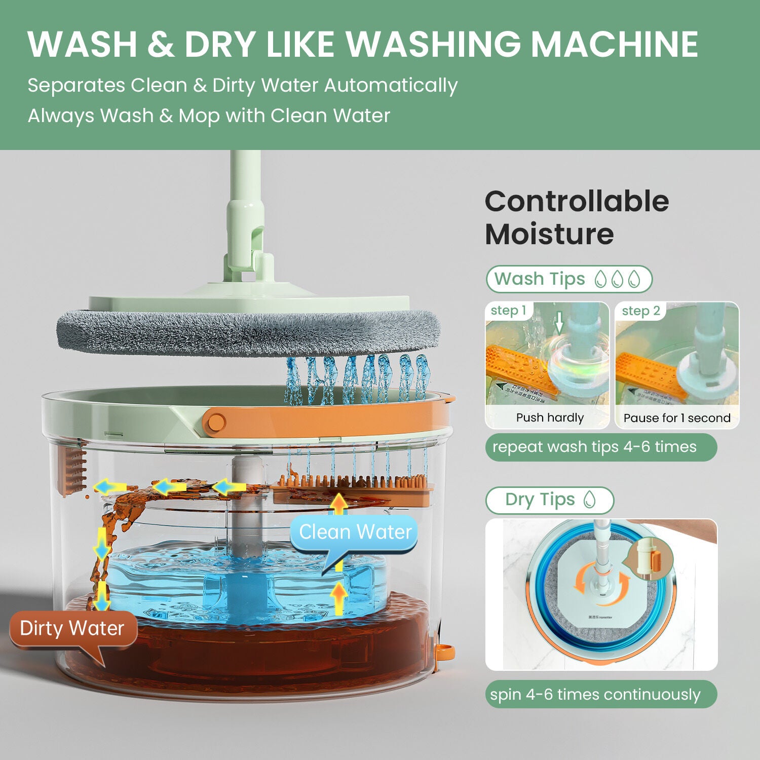 Premium Microfiber Round Mop Bucket Set w/ Clean & Dirty Water Separation 360 Degree - Light Green V563-75257
