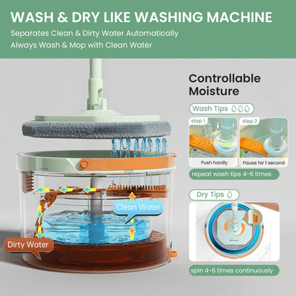 Premium Microfiber Round Mop Bucket Set w/ Clean & Dirty Water Separation 360 Degree - Light Green V563-75257