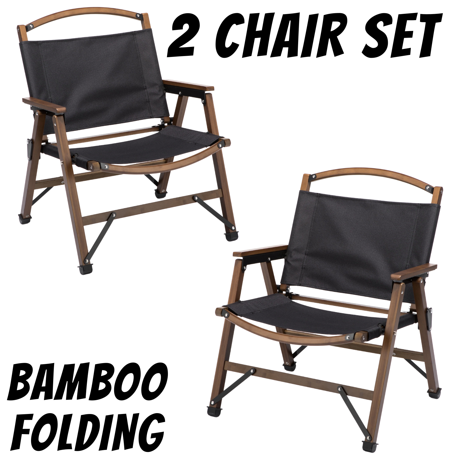 2x Bamboo Canvas Foldable Outdoor Camping Chair Wooden Travel Picnic Park - Black V563-75622-BLACK-2PCS