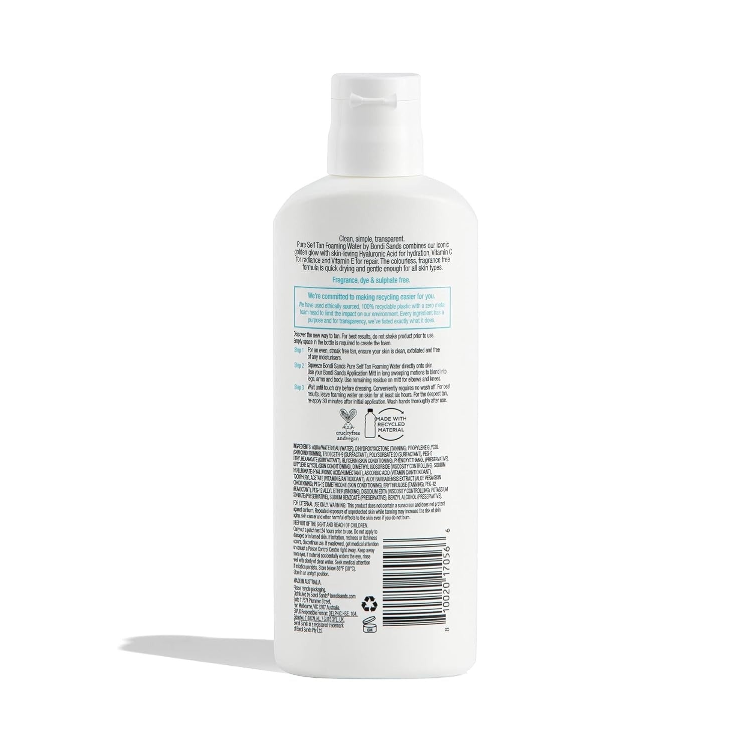 Bondi Sands 200m L Pure Self Tanning Foaming Water w/ Hyaluronic Acid Vegan V563-810020170566