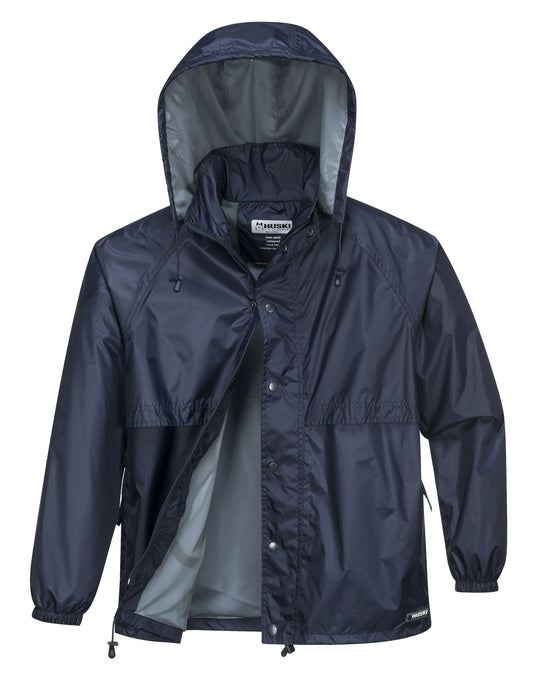 HUSKI STRATUS RAIN JACKET Waterproof Workwear Concealed Hood Windproof Packable - Navy Blue - S V563-918032-STRATUS-NAVYBLU-S
