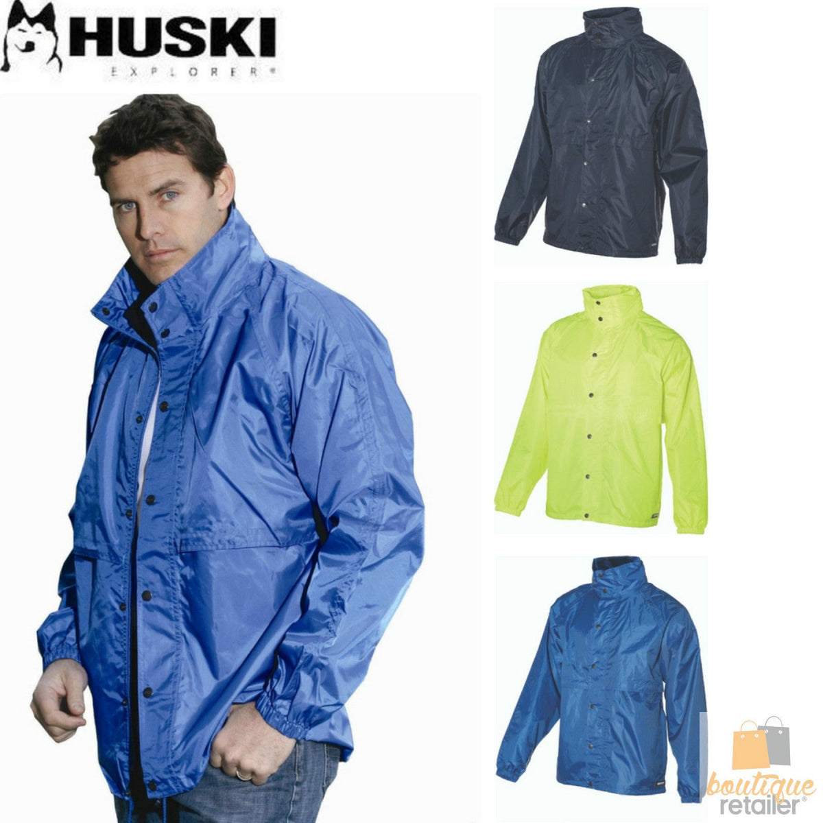 HUSKI STRATUS RAIN JACKET Waterproof Workwear Concealed Hood Windproof Packable - Navy Blue - S V563-918032-STRATUS-NAVYBLU-S
