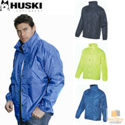 HUSKI STRATUS RAIN JACKET Waterproof Workwear Concealed Hood Windproof Packable - Navy Blue - XL