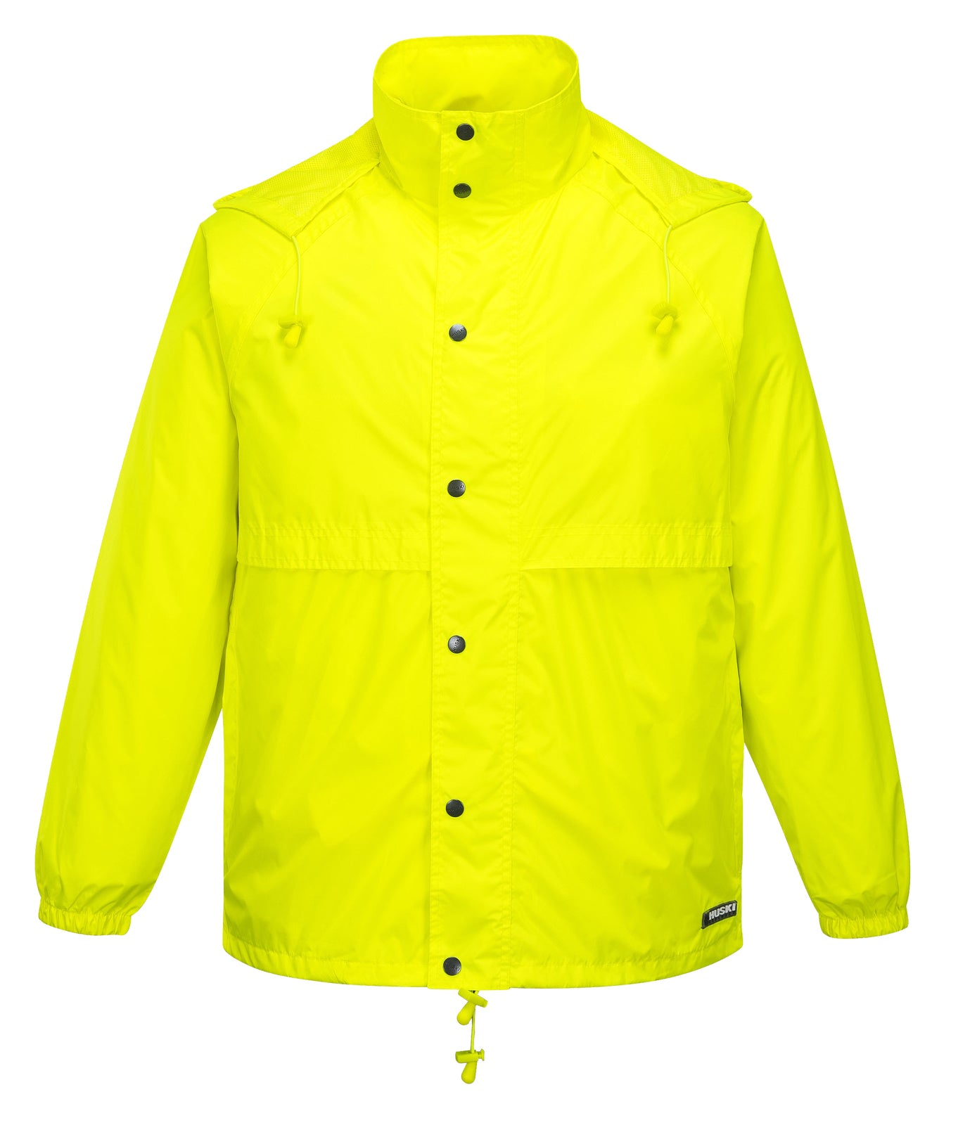 HUSKI STRATUS RAIN JACKET Waterproof Workwear Concealed Hood Windproof Packable - Yellow Fluro - L V563-918032-STRATUS-YLWFLU-L