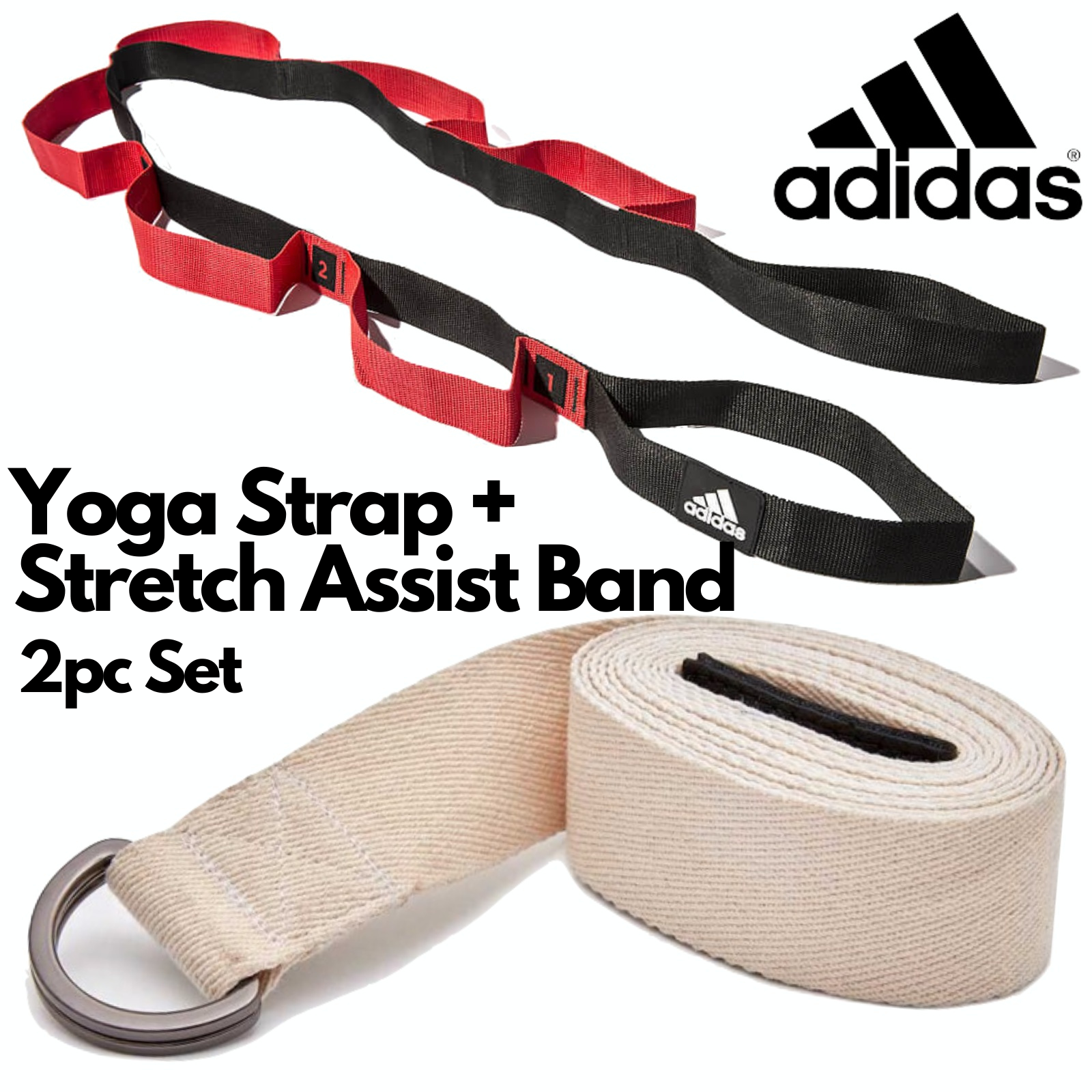 2pc Set Adidas Stretch Assist Band Looped + Yoga Strap 2.5m Long Adjustable Belt V563-ADIDASSTRAPSSET
