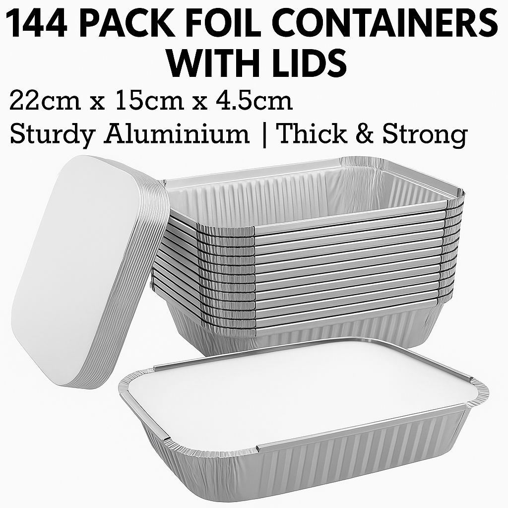 144x Aluminium Disposable Foil Food Container Trays Pans w/ Lids Covers Bulk 22cm*15cm*4.5cm V563-AF2215-6L-24PK