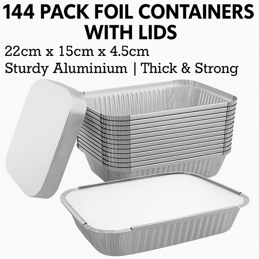 144x Aluminium Disposable Foil Food Container Trays Pans w/ Lids Covers Bulk 22cm*15cm*4.5cm V563-AF2215-6L-24PK