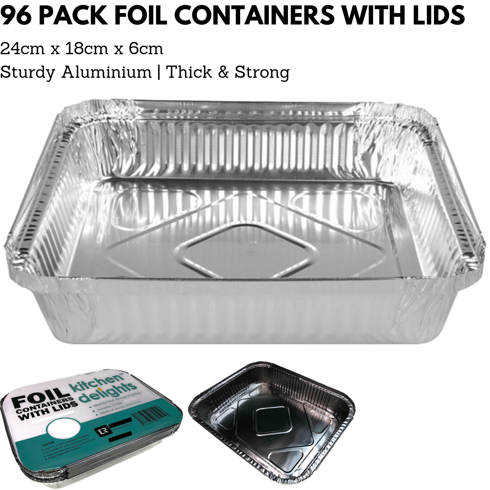 96x Aluminium Disposable Foil Food Container Trays Pans w/ Lids Covers Bulk 24cm*18cm*6cm V563-AF2418-4L-24PK