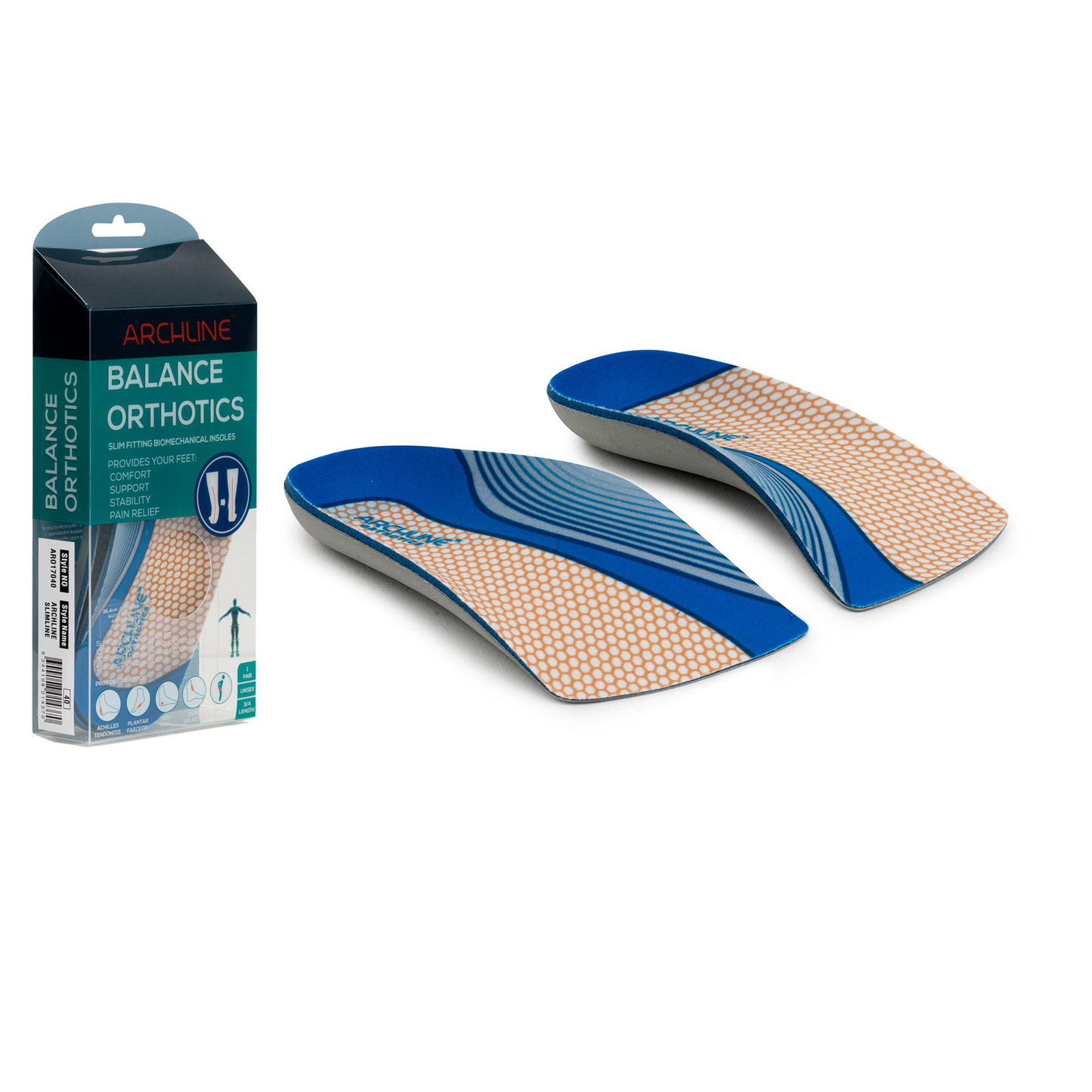 ARCHLINE 3/4 Slim Orthotics Plantar Fasciitis Insoles Balance Support Relief - EUR 38 V563-ARO170-EUR38