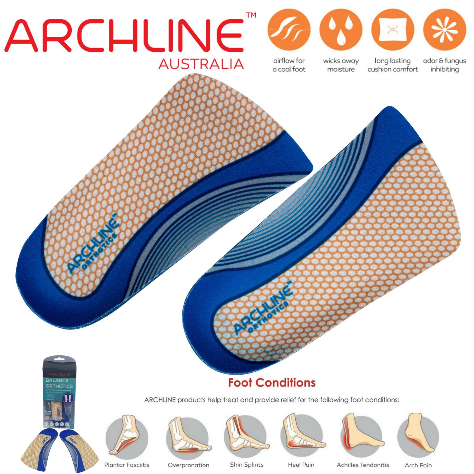 ARCHLINE 3/4 Slim Orthotics Plantar Fasciitis Insoles Balance Support Relief - EUR 41 V563-ARO170-EUR41