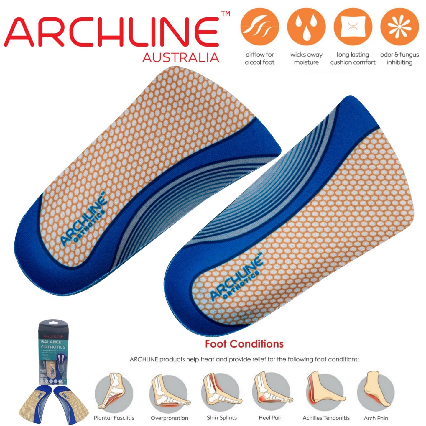 ARCHLINE 3/4 Slim Orthotics Plantar Fasciitis Insoles Balance Support Relief - EUR 43 V563-ARO170-EUR43