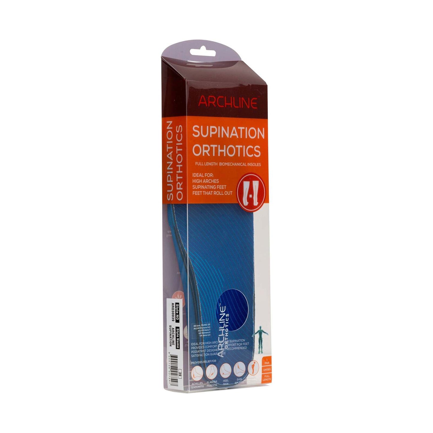 Archline Supination Orthotic Insoles - Full Length (Unisex) Plantar Fasciitis High Arch - Euro 37 V563-ARO300-37