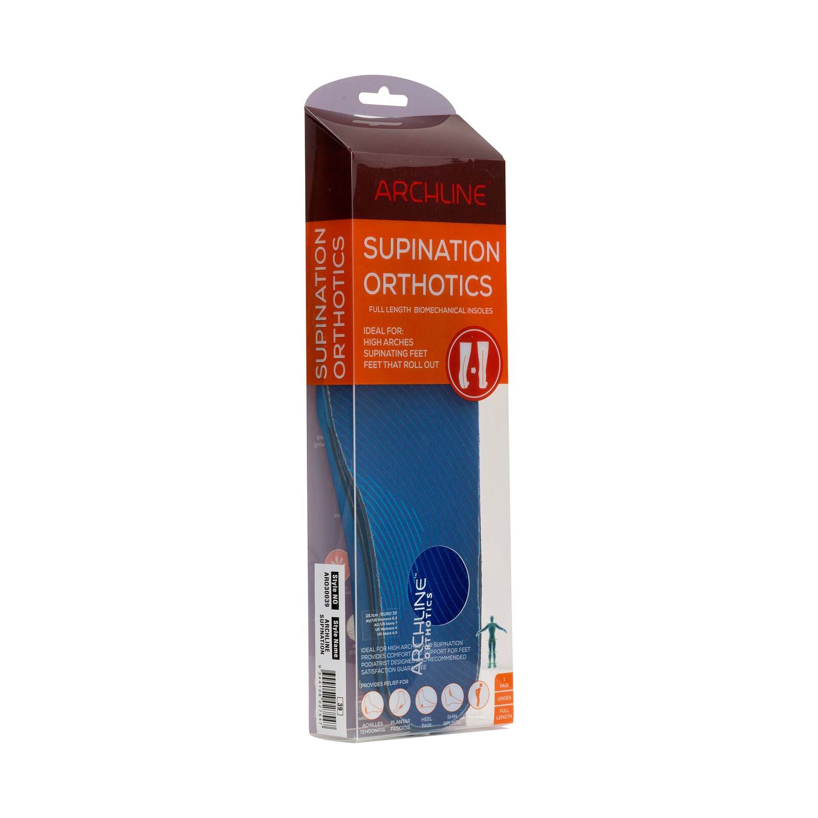 Archline Supination Orthotic Insoles - Full Length (Unisex) Plantar Fasciitis High Arch - Euro 38 V563-ARO300-38