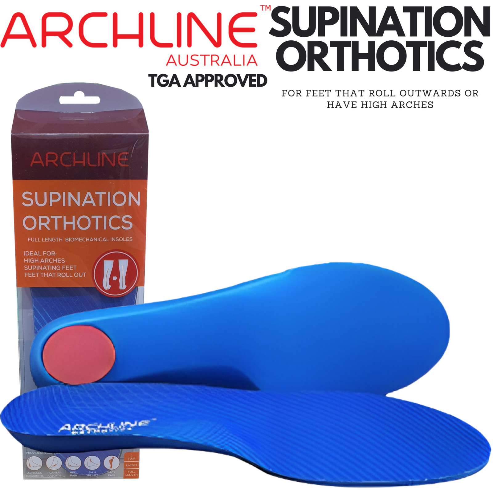 Archline Supination Orthotic Insoles - Full Length (Unisex) Plantar Fasciitis High Arch - Euro 43 V563-ARO300-43