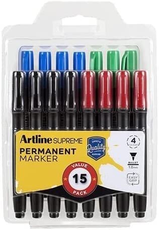 2x 15pcs (30pcs Total) Artline Supreme Permanent Markers - Assorted Colours V563-ARTLINE-ASSTD-2PCS