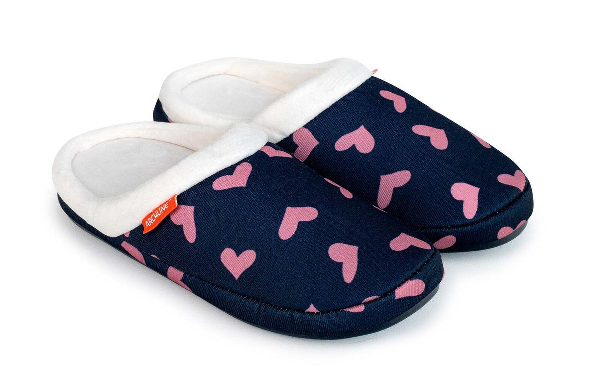 ARCHLINE Orthotic Slippers Slip On Scuffs Pain Relief Moccasins - Navy with Hearts - EUR 35 (Womens US 4) V563-AS302-35