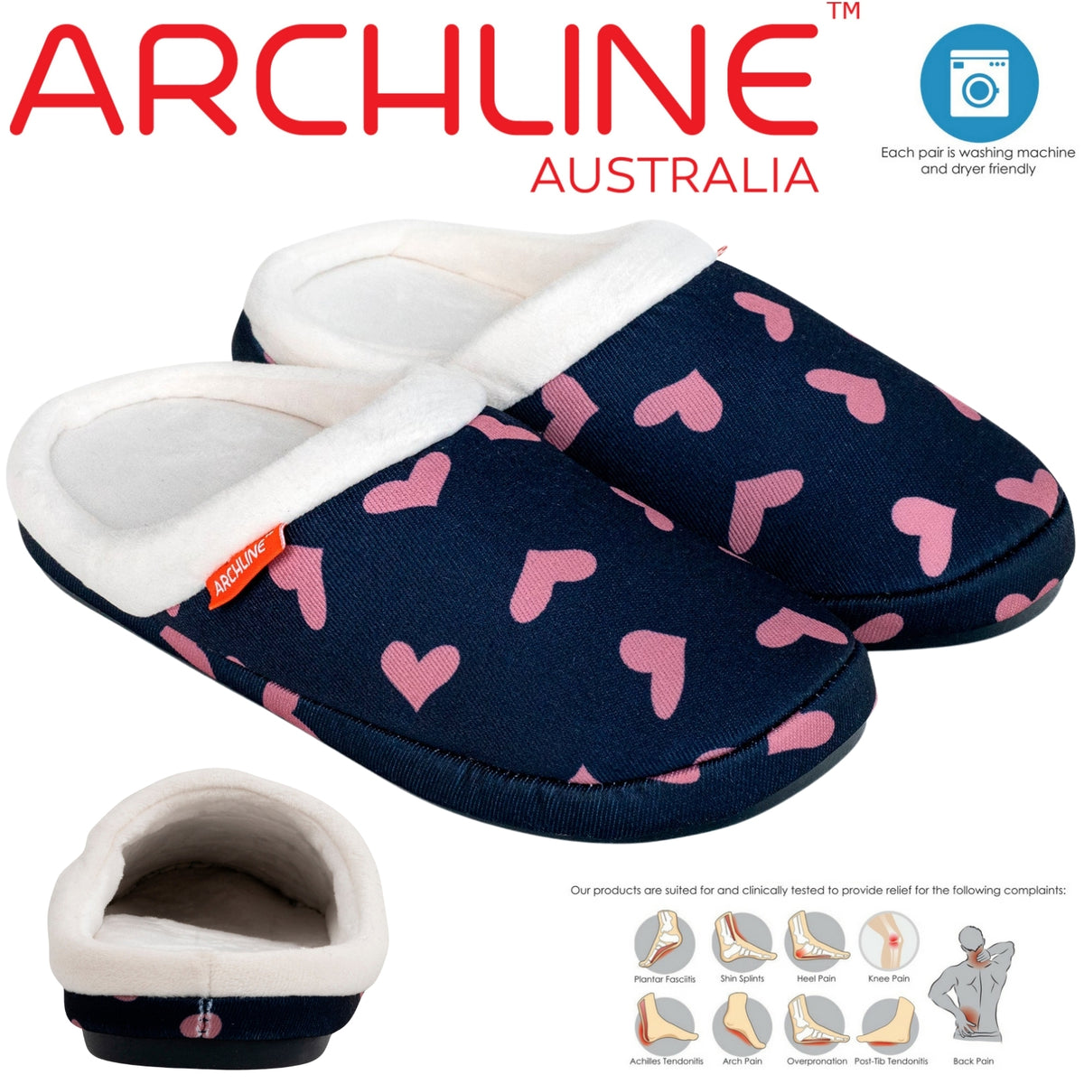 ARCHLINE Orthotic Slippers Slip On Scuffs Pain Relief Moccasins - Navy with Hearts - EUR 35 (Womens US 4) V563-AS302-35