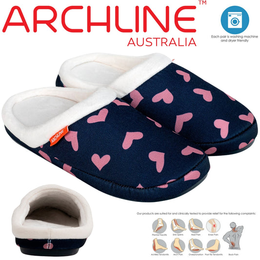 ARCHLINE Orthotic Slippers Slip On Scuffs Pain Relief Moccasins - Navy with Hearts - EUR 35 (Womens US 4) V563-AS302-35