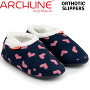 ARCHLINE Orthotic Slippers CLOSED Arch Scuffs Moccasins Pain Relief in Navy Hearts - EUR39 V563-AS401-NVYHRT-39