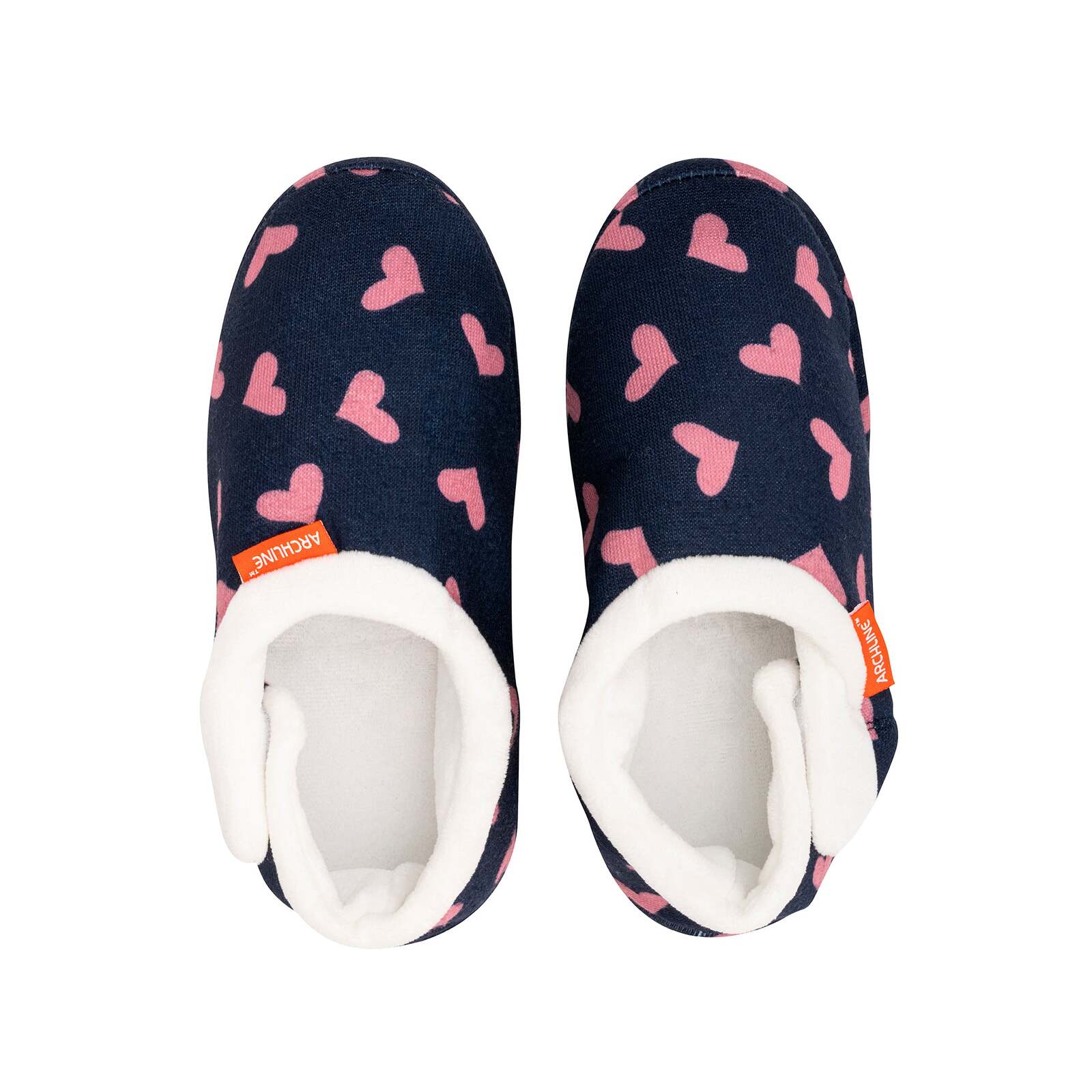 ARCHLINE Orthotic Slippers CLOSED Arch Scuffs Moccasins Pain Relief in Navy Hearts - EUR39 V563-AS401-NVYHRT-39