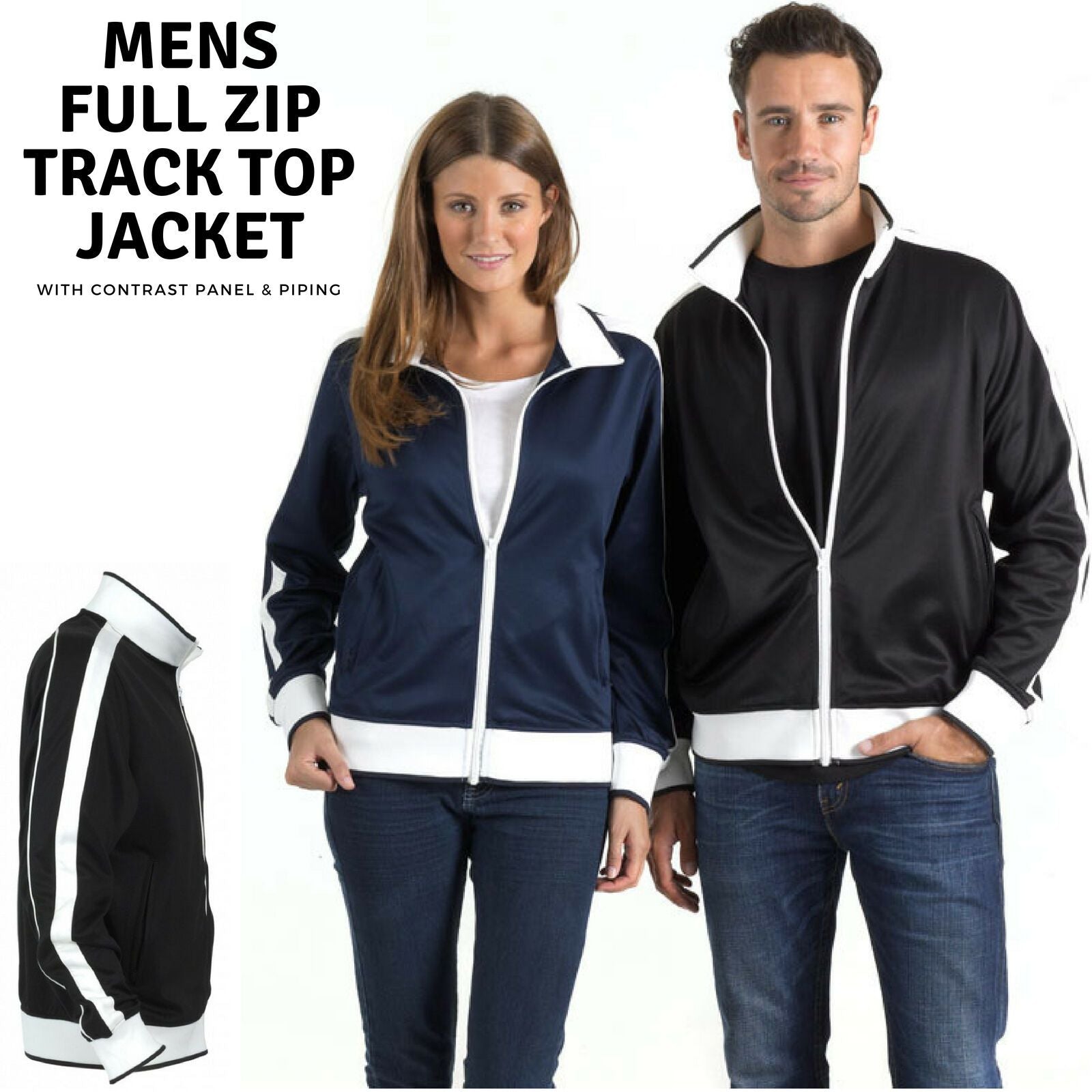 Identitee Mens Varsity Track Jacket Warm Winter Tracksuit Top Zip - Navy/White - 3XL