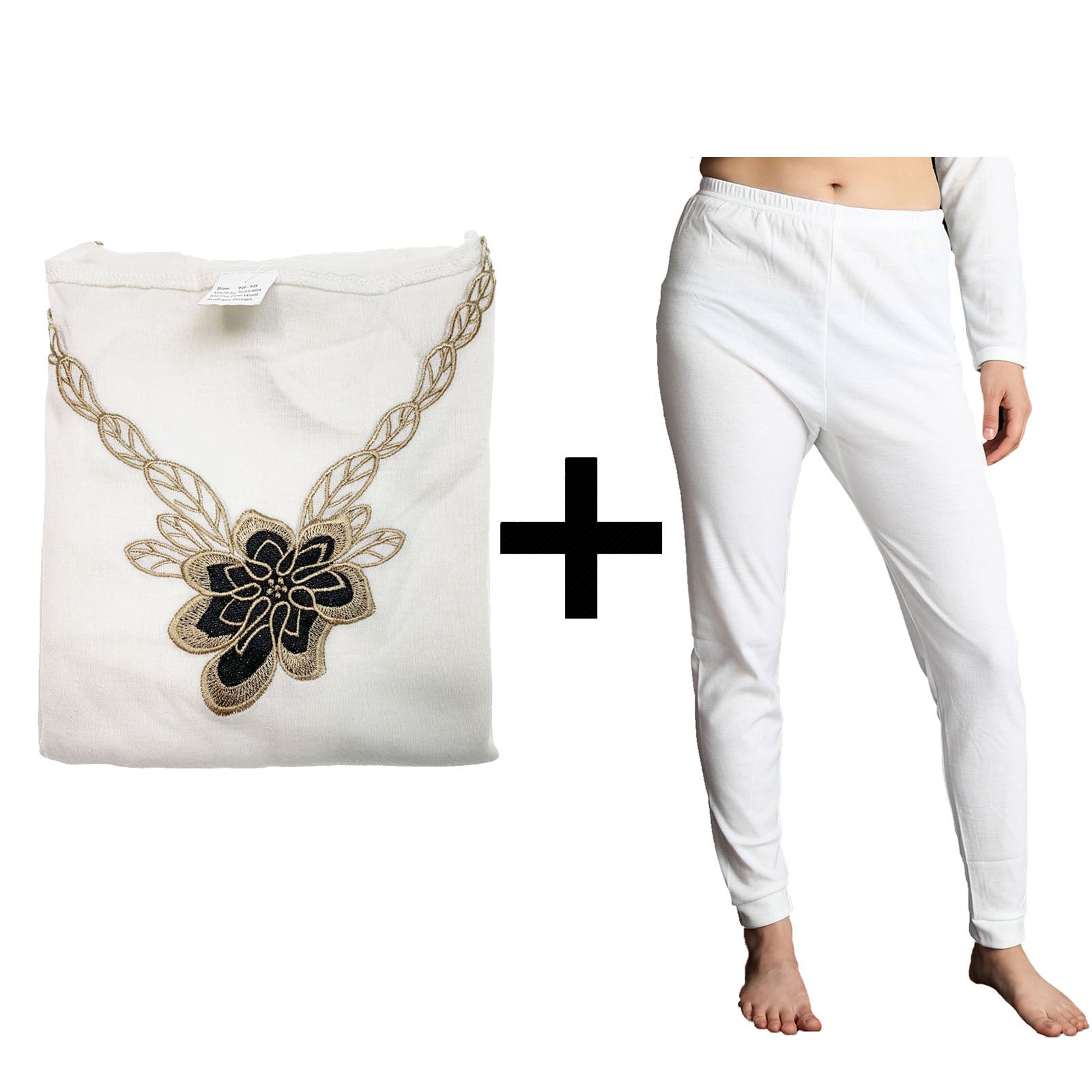 2pcs Set Womens Merino Wool Blend Pants & Top Underwear Leggings Thermal Thermals - Beige - 10-12 V563-BB-2PCLFSET-BEI-10_12