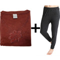2pcs Set Womens Merino Wool Blend Pants & Top Underwear Leggings Thermal Thermals - Burgundy Top & Black V563-BB-2PCLFSET-BURBK-14_16