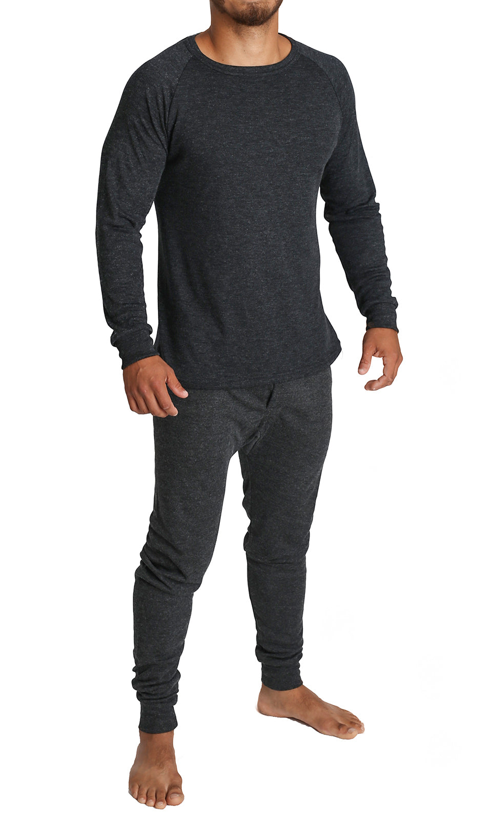 2pcs Set Mens Merino Wool Blend Long Sleeve Thermal Top & Long Johns Pants Underwear - Black - S V563-BB-2PCMSET-BK-S