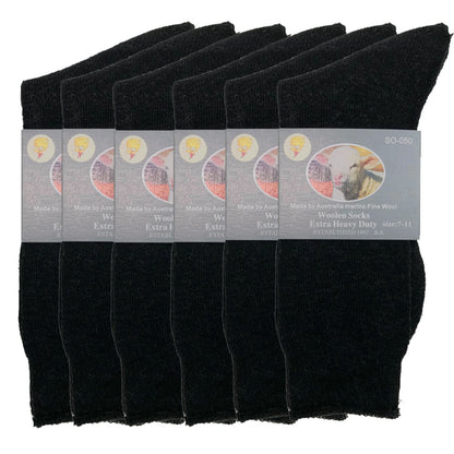6 Pairs Merino Wool Blend Woolen Work Socks Hiking Heavy Duty Warm Thermal Bulk - Black - 7-11 V563-BB-6MWSOX-BLK-7_11